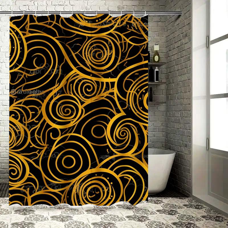 Luxury Black Gold Swirl Print Shower Curtain Waterproof Washable Decorative Bathroom Accessories