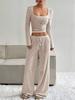 Women's Loose Fit Two Piece Outfit Set Long Sleeve Square Neck Crop Top Drawstring Waist Wide Leg Striped Tracksuit Loungewear