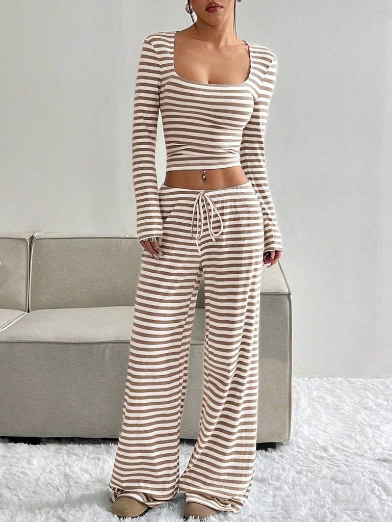 Women's Loose Fit Two Piece Outfit Set Long Sleeve Square Neck Crop Top Drawstring Waist Wide Leg Striped Tracksuit Loungewear