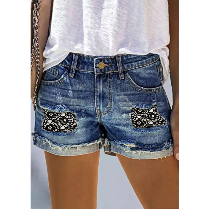 Summer Women's Denim Shorts High Waist Hole Street Hipster Printed Shorts