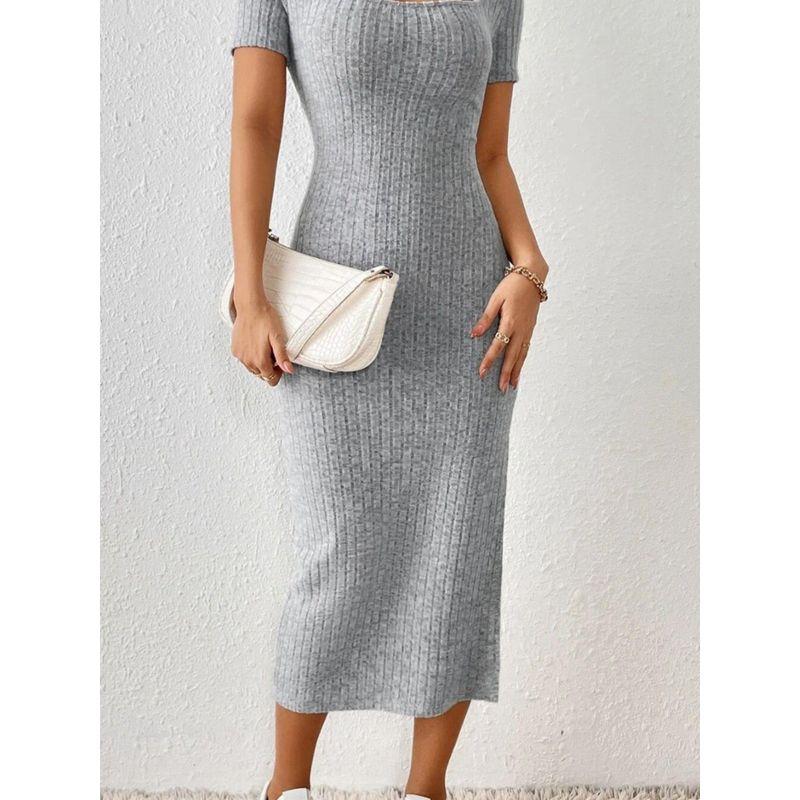 Women's Square Neck Split Hip Dress Square Collar Slim-Fit Slit Hip-Wrapped Dress Female