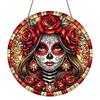 2D Flat, 1pc Round Aluminum Hanging Sign, Day of the Dead Sugar Skull Lady Red Rose Tiffany Stained Glass Mosaic Metal Wall Decor, Durable Retro