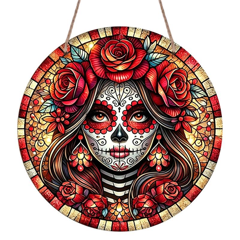 2D Flat, 1pc Round Aluminum Hanging Sign, Day of the Dead Sugar Skull Lady Red Rose Tiffany Stained Glass Mosaic Metal Wall Decor, Durable Retro
