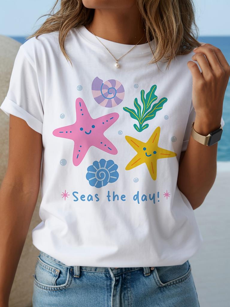 Casual Shortsleeve Tshirt For Unisex Featuring Vibrant Oceanthemed Geometric Starfish And Floral This Breathable Roundneck