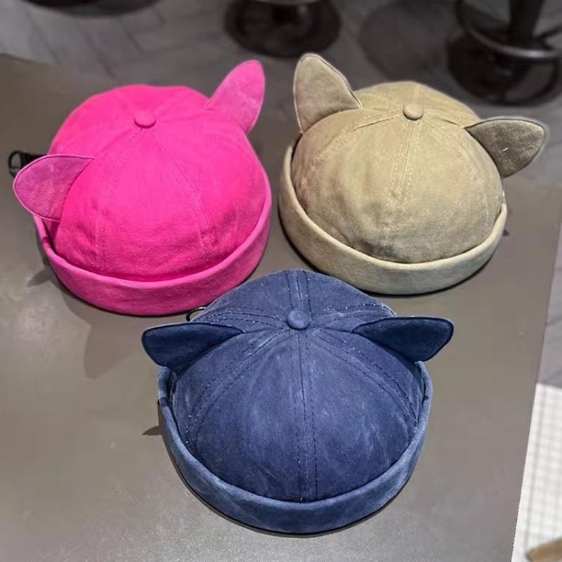 New Cute Cat Ears Melon Skin Cap Women Adjustable Fashion Versatile Brimless Dome Landlord Hat Men Denim Hip Hop Beanie Caps