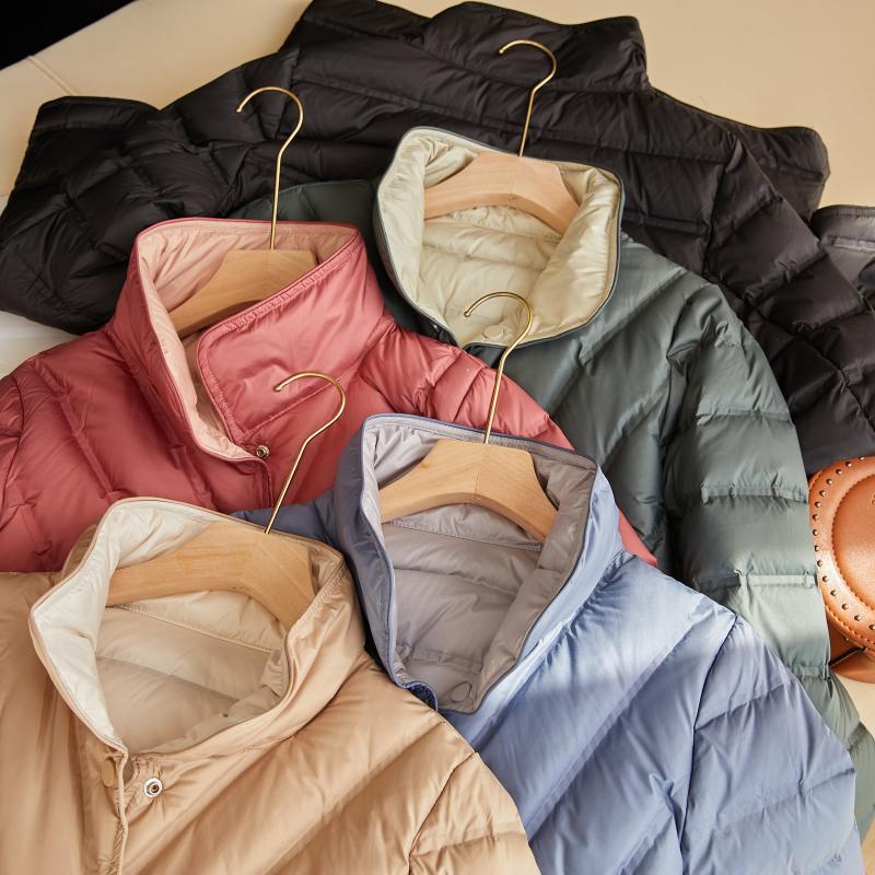 Autumn and winter glue loose and thin medium and long stand-up collar double-sided wear white duck down jacket warm winter clothing