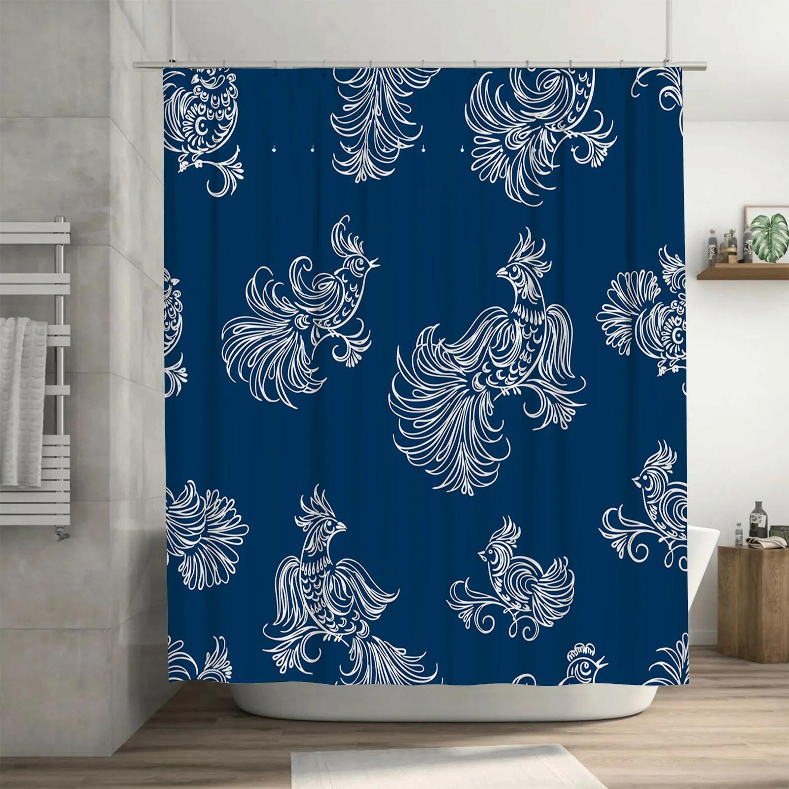 

Blue White Floral Rooster Shower Curtain Decorative Bathroom Fabric Waterproof Bath LinerHome Decor. W90xH180cm
