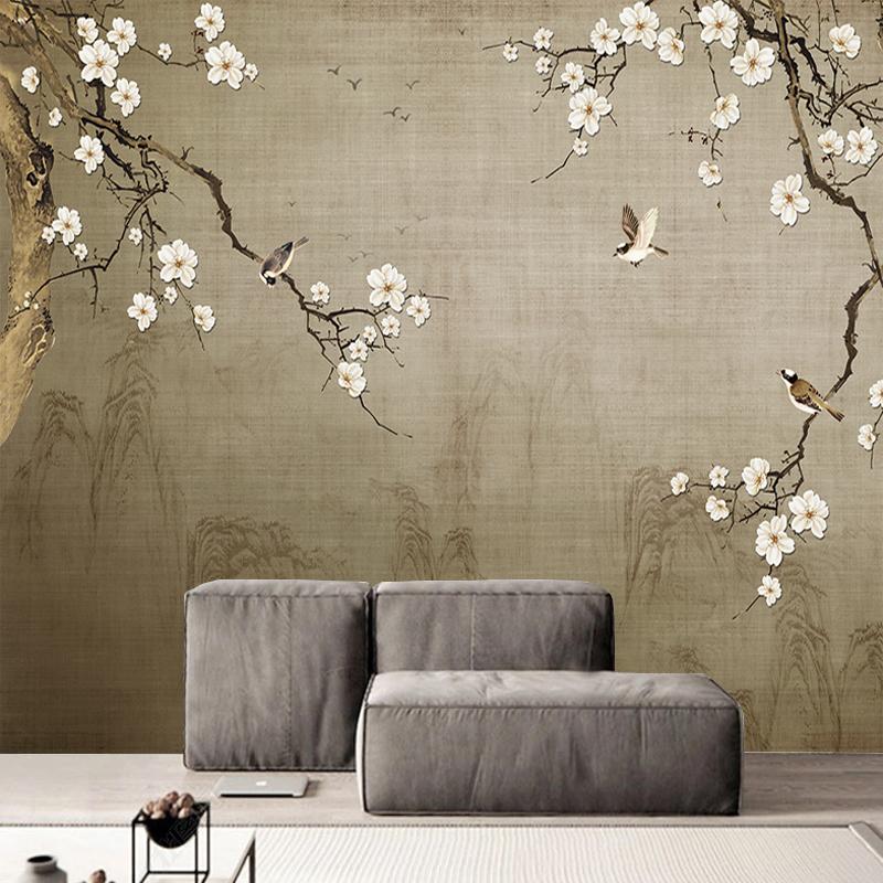 Tapet mural cu flori de prun retro chinezesc și păsări Pictură clasică de perete Studiu pentru camera de zi Decor Frescuri Autocolant de perete