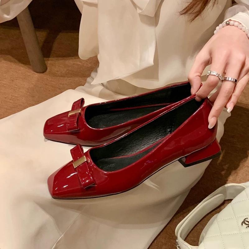 Single Shoes Women 2025 New Spring Square Toe Bow Block Heel Red Light Mouth Grandma Shoes