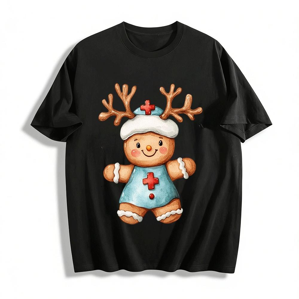 Christmas Reindeer Gingerbread Nurse Themed Graphic Top Pure cotton T-shirt XXS