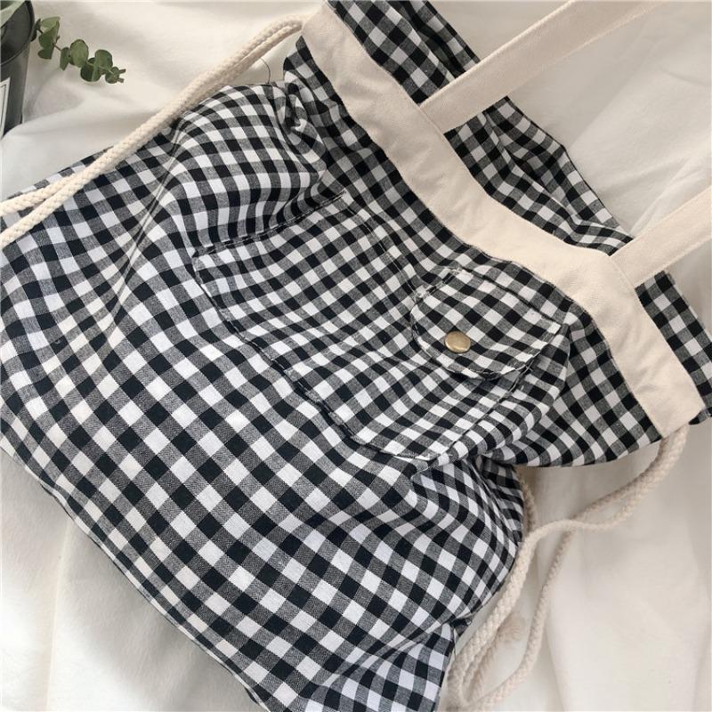 Canvas bag 2020 new portable drawstring shoulder bag literary plaid student cloth bag