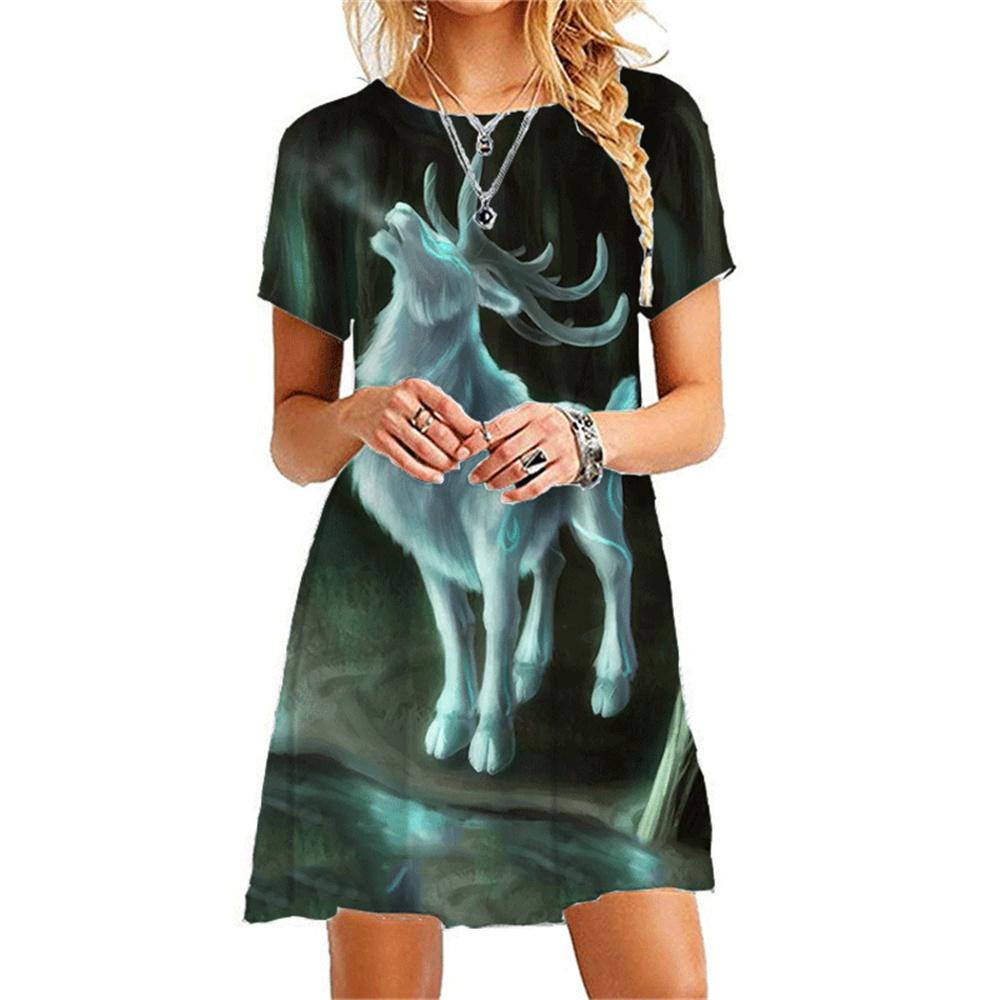 Damen Sommerkleider O-Ausschnitt Niedlich Cartoon Bedruckt Eng Kurz Sexy Kleid Lässig Paket Hüften Schlank Sommer Damenkleid Vestidos