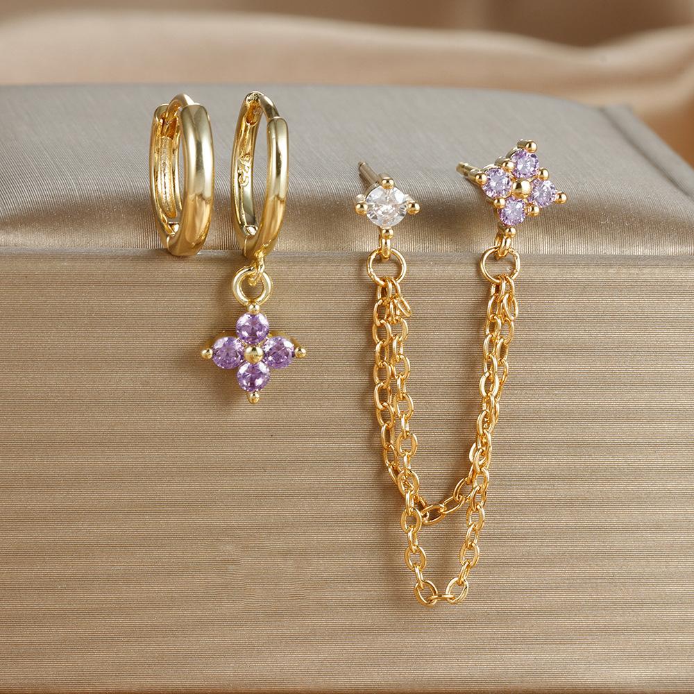 

3PCS New Fashion Four Zircon Flower Hoop Earring Set For Women Stainless Steel Double Stud Chain Piercing Jewelry