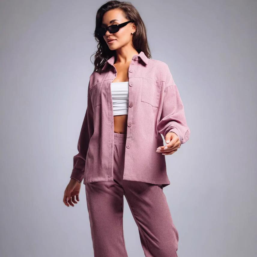 2026 Retro Plus Size Corduroy Lapel Shirt & Loose Pants Set for Women
