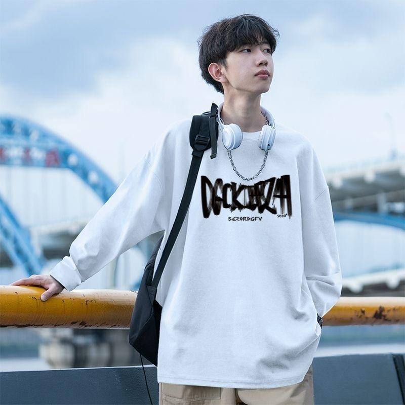 Winter and Autumn Trendy Pure Cotton Drawstring Printed Round Neck Men's Long-sleeved Bottoming Shirt