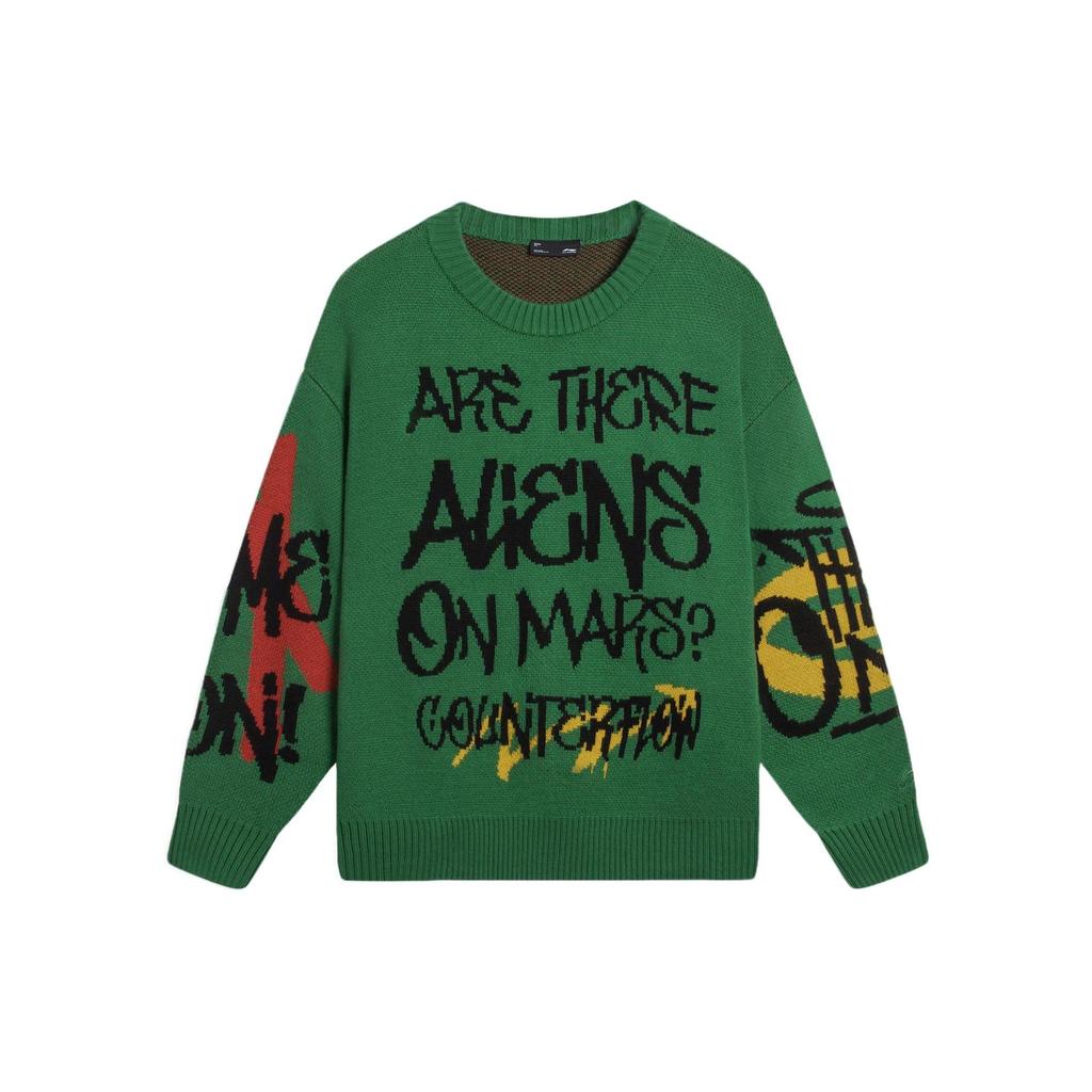 Li-Ning Cf Mars Letter Jacquard Graffiti Effect Crew Neck Long Sleeve Sweater Unisex Sweater Leaf-Green AMBS187-2