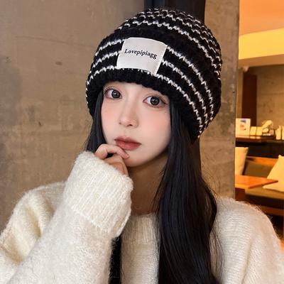 Hat Women's Autumn and Winter Retro Striped Wool Hat, Big Head Circumference, Small Face, Warm Ear Protectors, Knitted Cold Hat