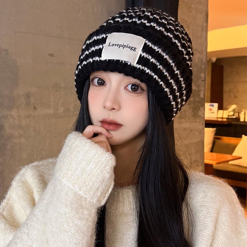 Hat women's autumn and winter retro striped wool hat, big head circumference, small face, warm ear protectors, knitted cold hat