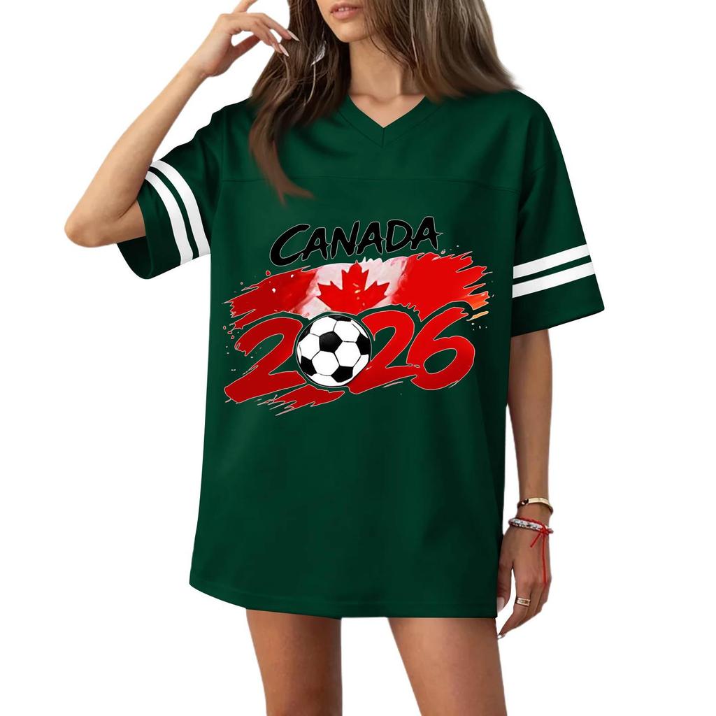 Women V Neck Short Sleeve Casual Soccer Jersey Top Flag 2026 Print Loose Fit Sports T Shirt Blouse