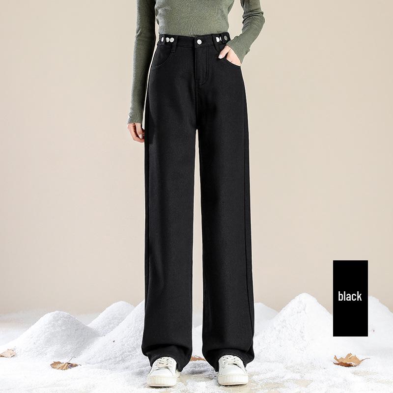 Women's High-Waisted Fleece-Lined Jeans: Thick, Light-Colored, Straight-Leg, Slimming Wide-Leg, Dark Blue for Autumn/Winter 2025.
