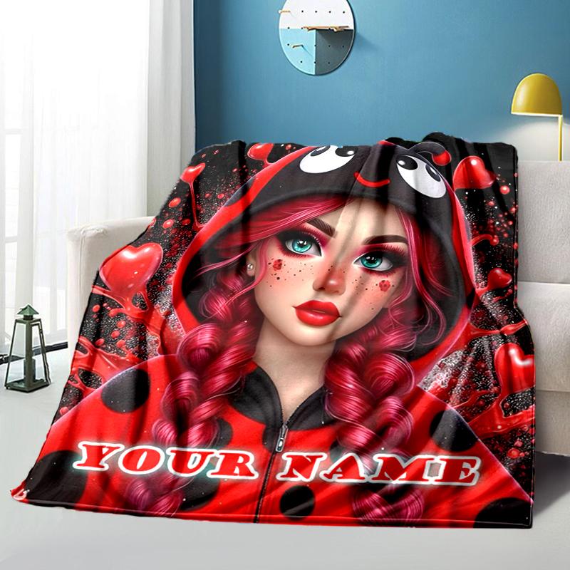 1PC Custom Name Ladybug Love Artwork flannel blanket versatile,all-season throw suitable for the living room,bedroom,camping,travel,and gift