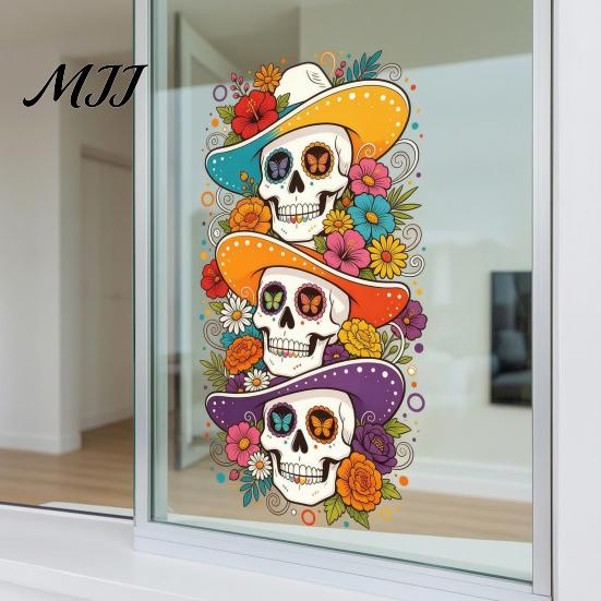 Outdoor Sunproof Window Decor Skeleton Undead Static Sticker, Waterproof PVC Decorative Decals, Durable Easy Peel And Stick Wall Film for