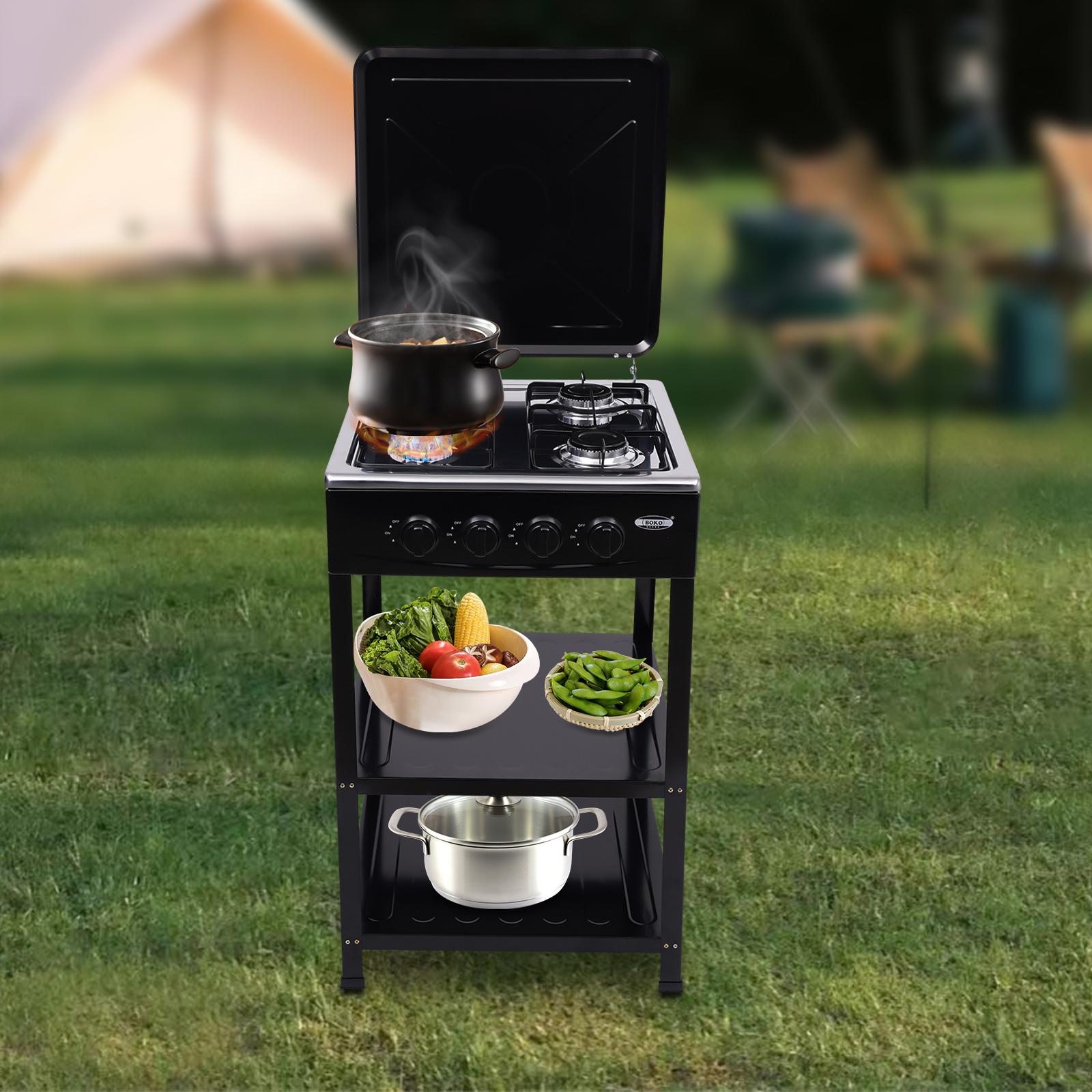 Gas Stove 4 Burner, Propane Burner with Storage Stand and Wind Blocking Cover, Stainless Steel Propane Gas Cooker nero