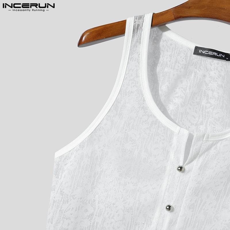 INCERUN Sommer Herre U-hals Ermeløs Knapper Blonder Mesh Gjennomsiktig Casual Tanktopper