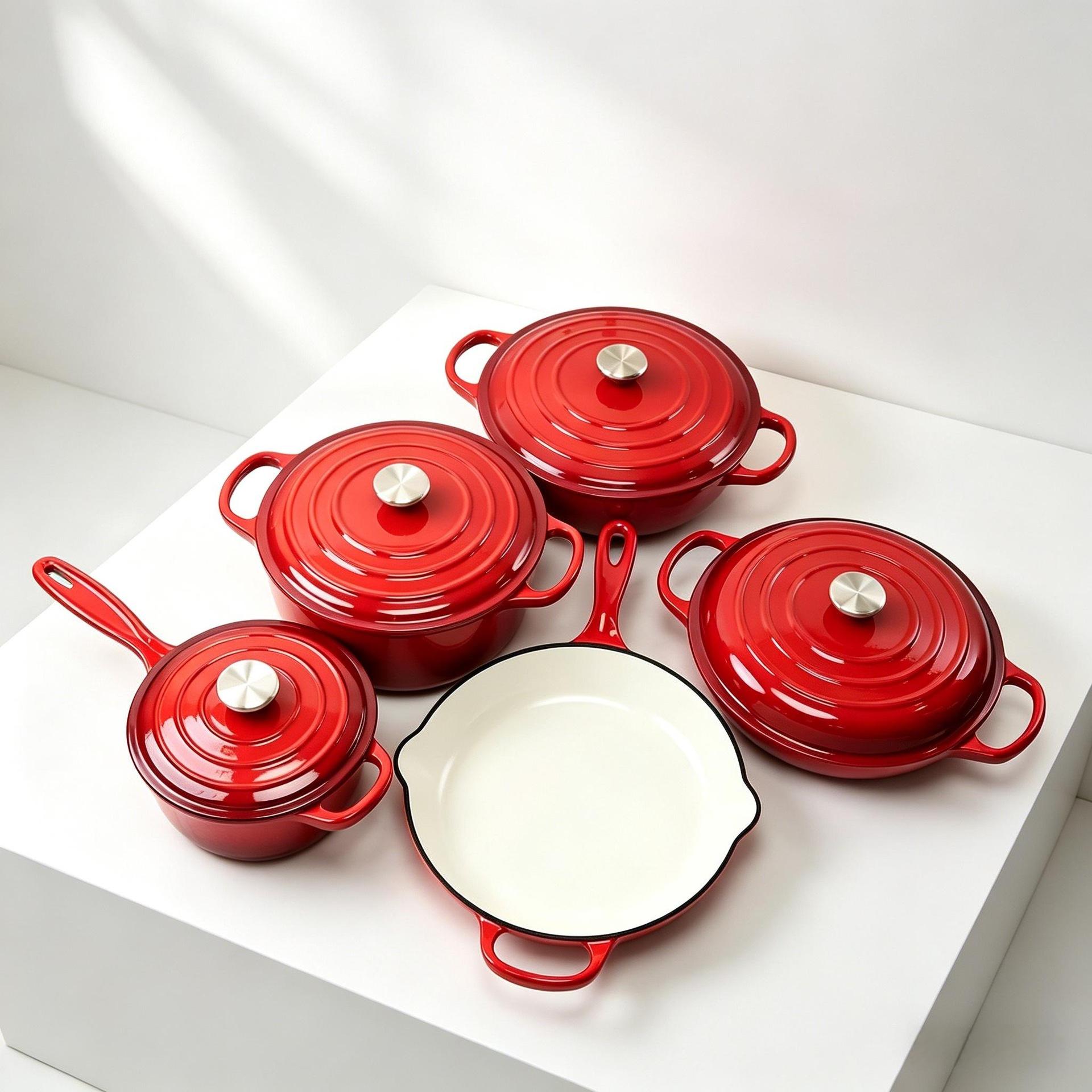 Hot Sale 5 Pcs Set Enamel Cast Iron Pot Set FDA LFGB Food Grade Casserole Dutch Oven Pot Set OEM Wholesale for Kitchen Home