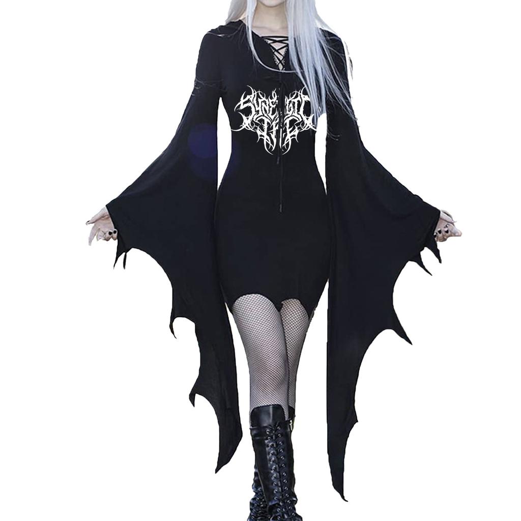 Women's Gothic Punk Bat Sleeve Witch Dress with Skeleton Heart Print Irregular Hem Party Dress for Halloween Costume