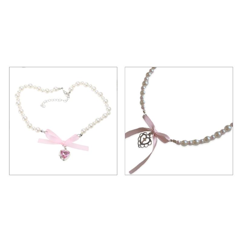 Sweet Pink Heart Necklace with Imitation Pearl Elegant Heart Cross Choker Clavicle Chain for Women Teen Fashion Jewelry
