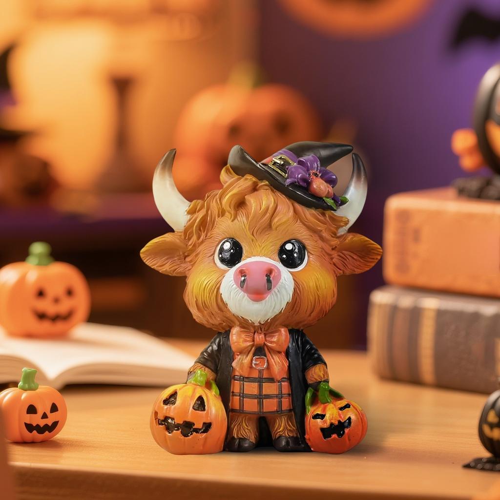 Cow Figurine Halloween Pumpkin Hat Cow, Halloween Decoration , Home Garden Kitchen Work Tiered Pallet Table Decoration
