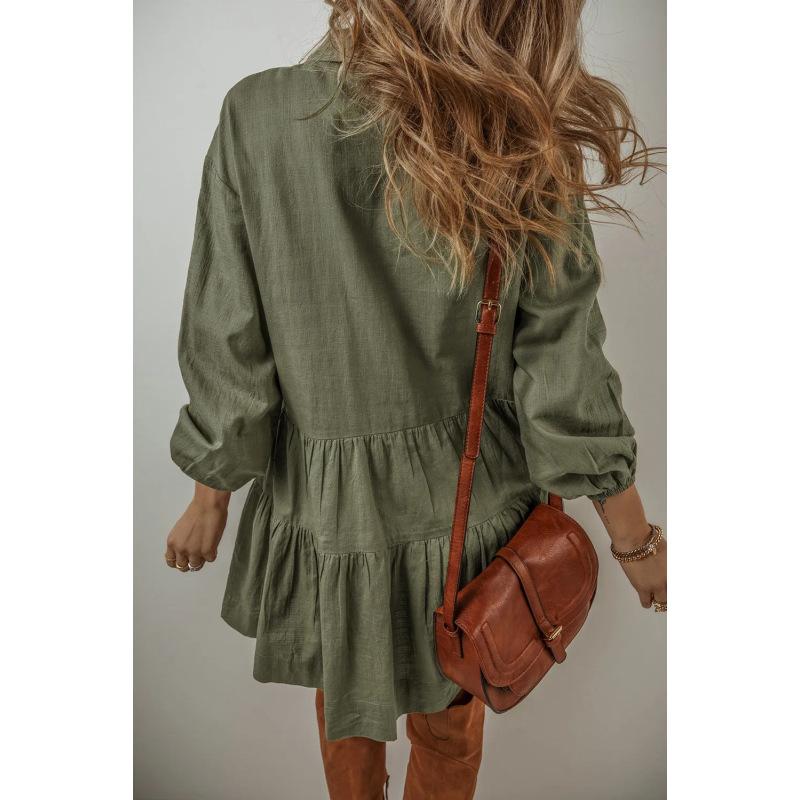 Women's Solid Color Long Sleeve Lapel Button Loose Short Dress