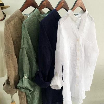 Women's Sun-Protective Linen Shirt Loose 3/4 Sleeve Stand-Up Collar Fresh and Comfortable Linen Blend