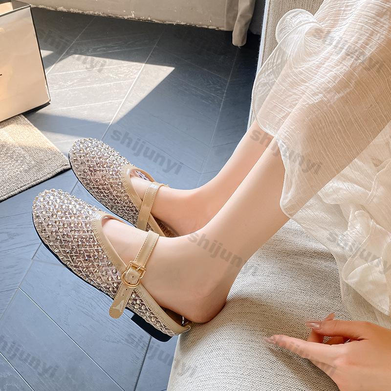 Fashion Women's Shoes 2025 Summer Size 43 Rhinestone Sandals Comfortable Buckle Strap Flats Lightweight Hollow Breathable Slippers