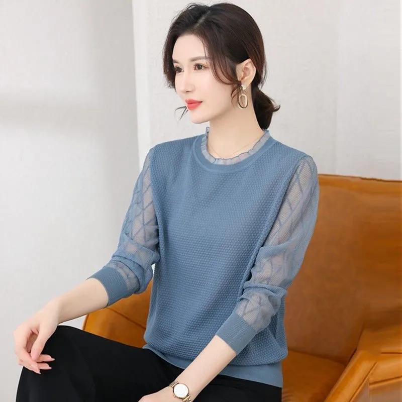 

Весенне-осенняя одежда 2025 Новая футболка с длинным рукавом для женщин Тонкая кружевная базовая рубашка Топ Модное нижнее белье S синий