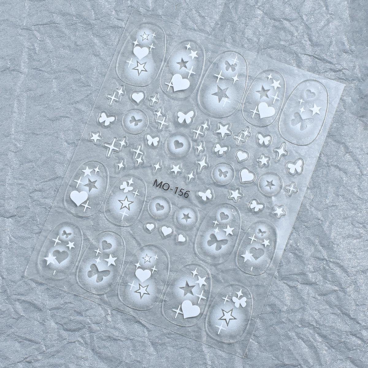 3D Self-Adhesive Nail Decals: Embossed Heart, Starburst, Butterfly, Cross, Five-Pointed Star, and Hollow Designs.
