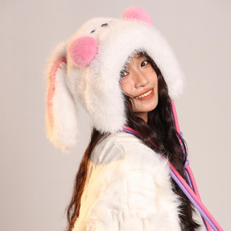 Looping Ears Rabbit Hat for Women with Furry Pullover Hat Showing Face Small Ear Protection Bag Head Hat Thickened Lei Feng Hat Trendy