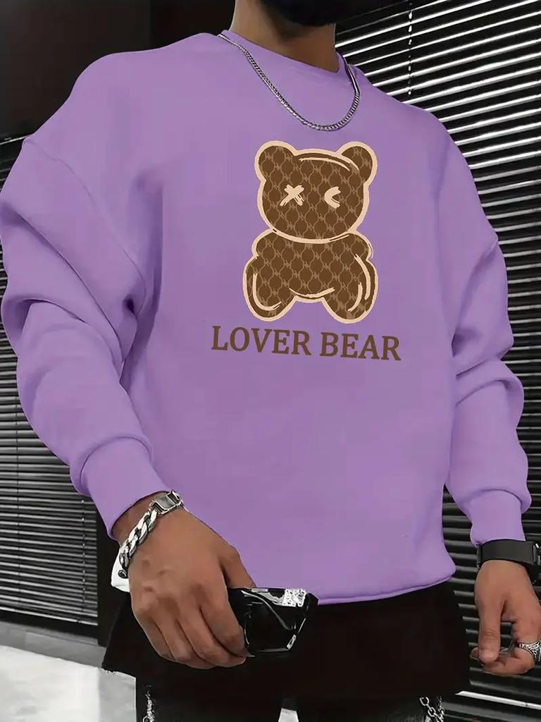 The Men's Round-neck Hoodie for Spring and Autumn Features a Casual and Comfortable 3D Bear Print on the Street