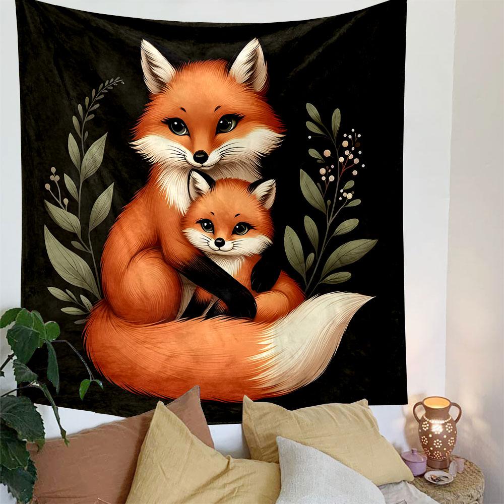 "Fox Family with Floral Design" Patterned Tapestry Decorative Wall Hanging, Home Bedroom Living Room Decor
