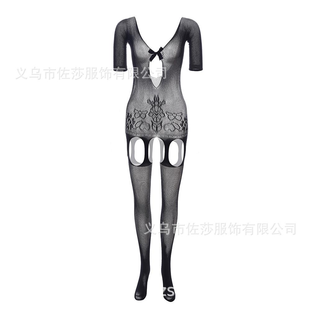 Sex Underwear Women's Transparent Jacquard Sexy One-Piece Mesh Suspender Pantyhose Hollow Long Sleeve Bow