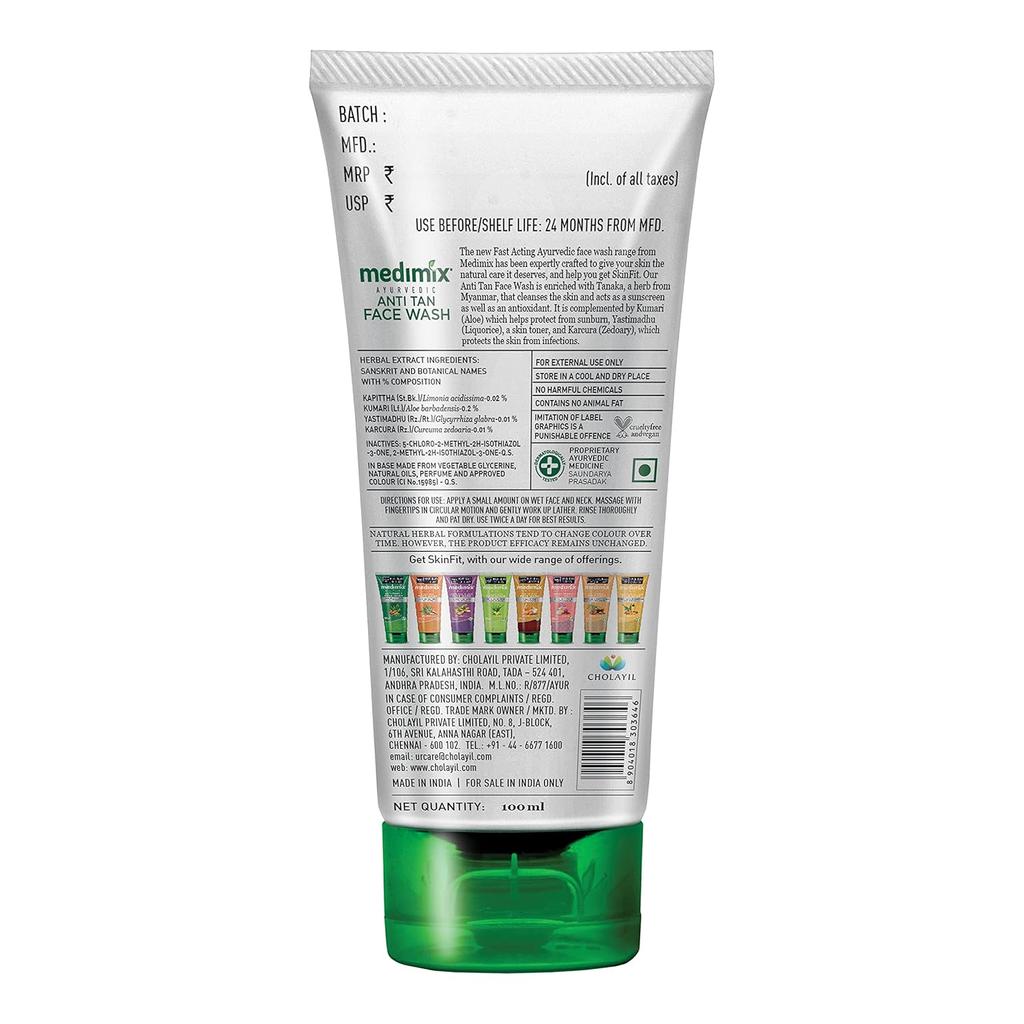 Medimix Ayurvedic Anti Tan Face Wash 100ml Gel For Bright, Even Skin Tone & Tan Removal