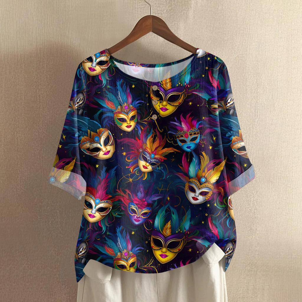 Women's Fashionable And Casual Shirt 3/4 Sleeve Round Neck Print Blouse Top