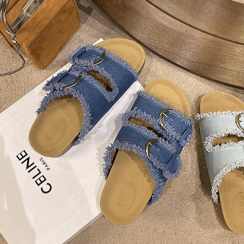 

Нишевые ретро тапочки с бахромой, женская летняя обувь, модные с ремешком с пряжкой, повседневные пляжные сандалии на толстой подошве 40 темно-синий