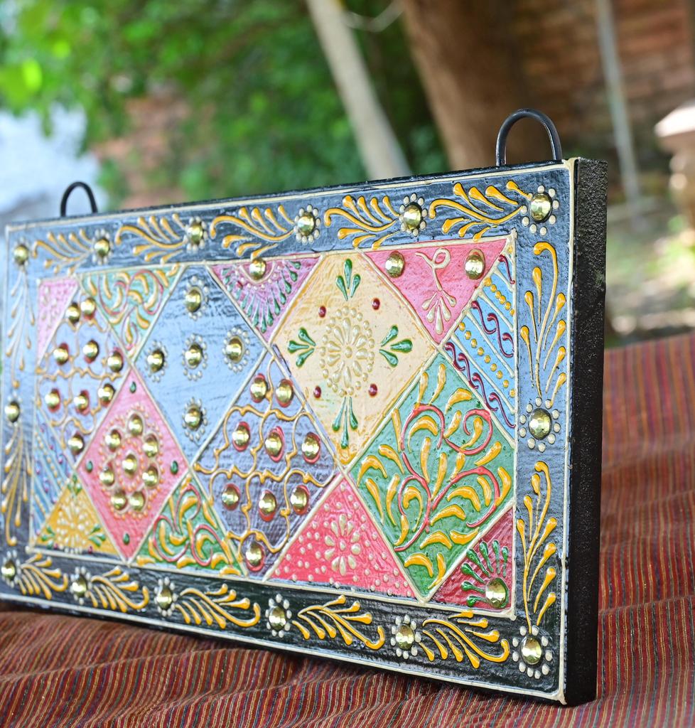 Hand-Painted Indian Folk Art Panel: Boho Wall Decor with Mirror