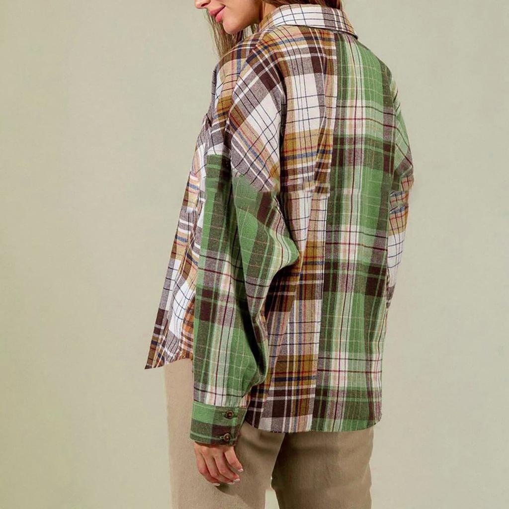 Women's  Fashion Plaid Pocket Long Sleeve Plaid Button Shirt