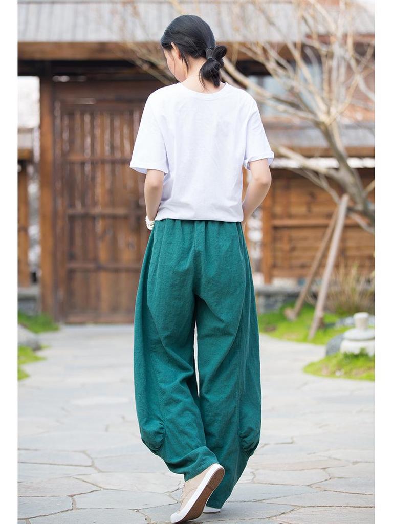 Dambyxor i Zen-stil av ramie, sandtvättade, med vida ben - Vår/Sommar, Casual, Hem- och Resplagg