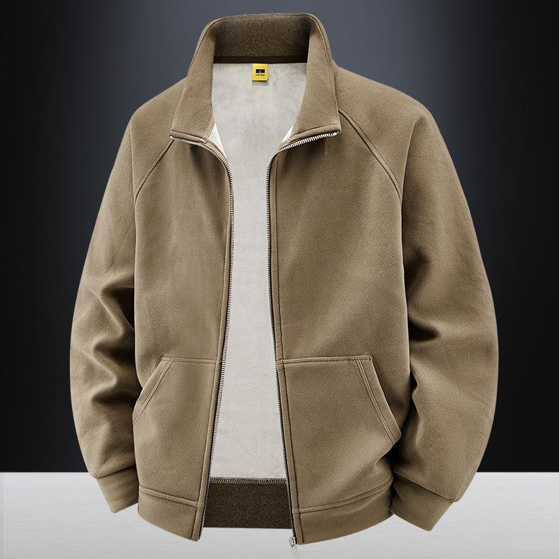 New American Sports Stand-up Collar German Velvet Sweatshirt Men's Autumn and Winter Basic Style Plus Velvet Thickened Cardigan Loose Solid Color