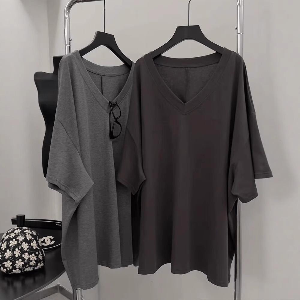 T-shirt Women Cotton Summer Casual Large Size Loose V Neck Solid Color Pullover Short-sleeved Tops