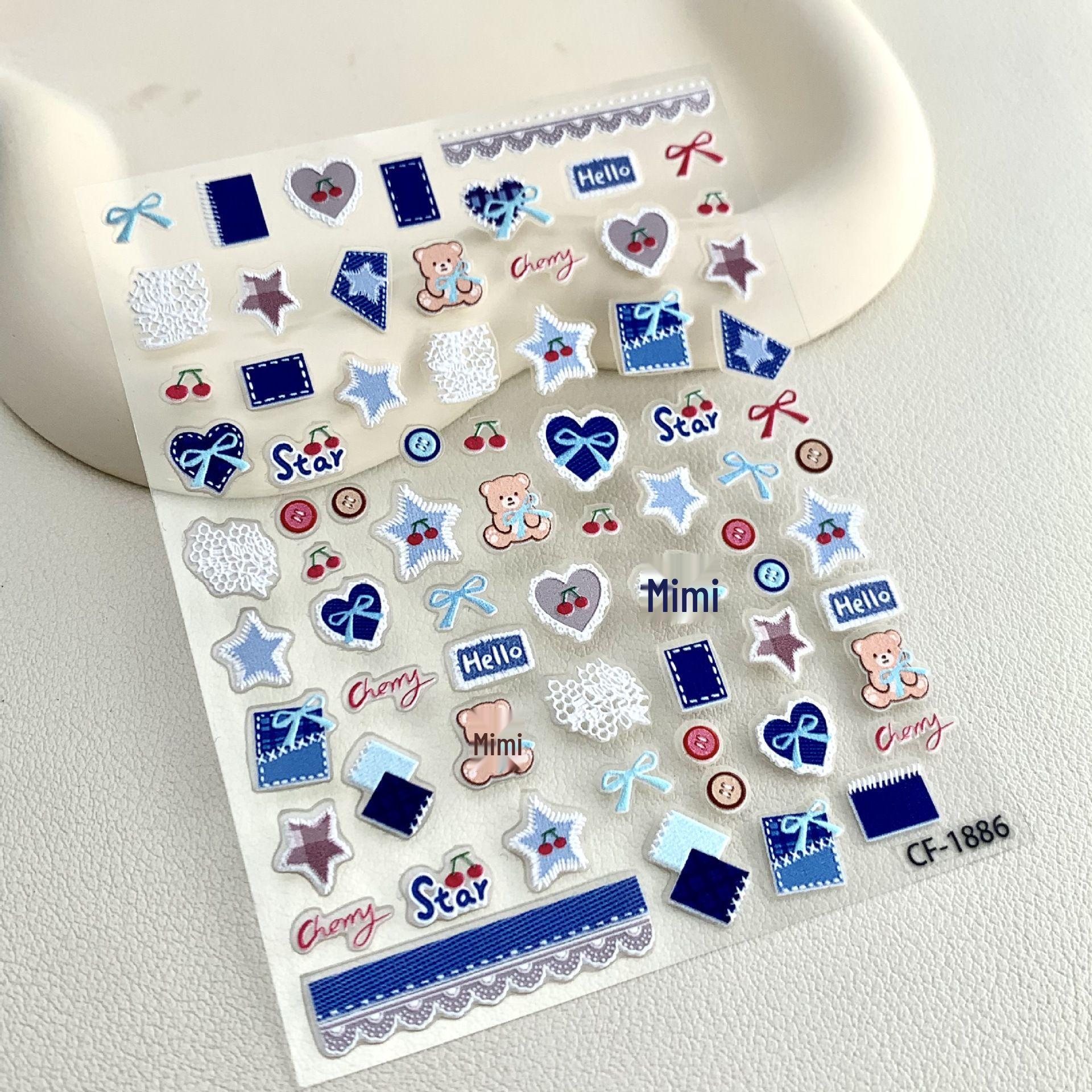 

Korean Style Cute Bear & Heart Denim Embossed Phone Sticker Set